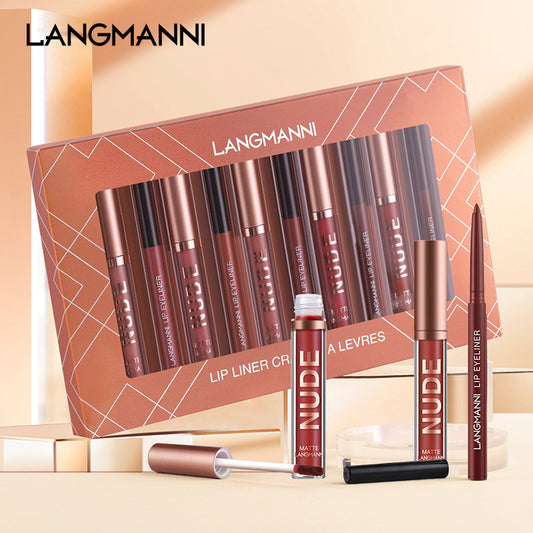 Langmanni6+6 Cross-border Makeup Lip Gloss Lip Liner Combination 12 Sets Non-stick Cup Matte Lip Gloss Set